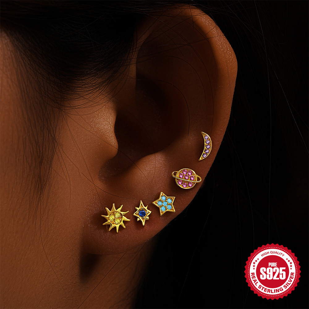 Nuevo conjunto de estrella y luna de Plata de Ley 925, colorido, Empress Planet, elegante y versátil, conjunto de 5 piezas de pendientes y pendientes