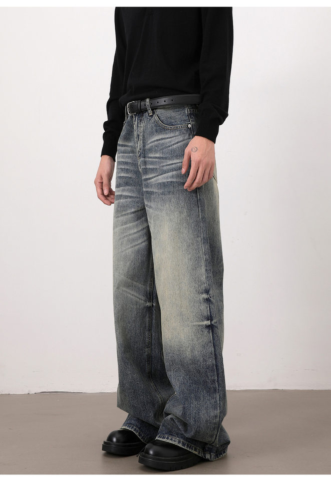 Quần jeans nam dáng chữ A ống rộng phong cách retro, râu mèo nổi, lưng vừa, dài ống suông — Màu xanh dương chi tiết 9