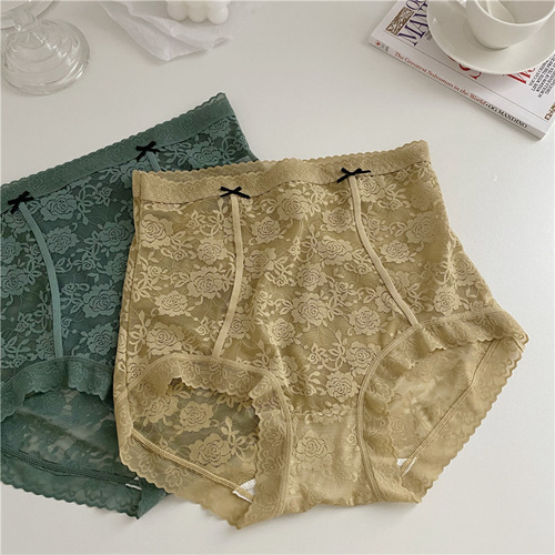 High-waisted underwear for women, lace abdominal control, breathable, large size fat mm, spring and summer new style mulberry silk crotch women's briefs