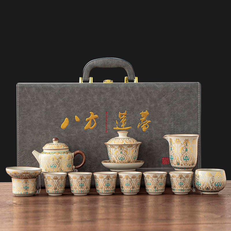 汝窑金色孔雀纹茶具套装盖碗茶壶茶杯礼盒套装功夫茶具商务伴手礼