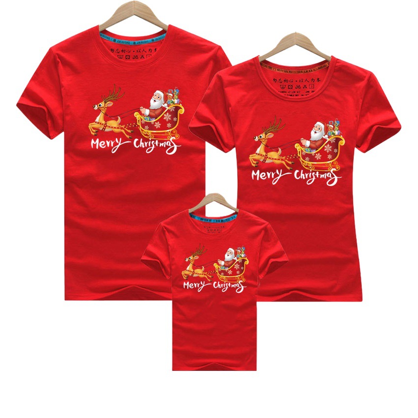 Santa Claus tire del carro ciervos de dibujos animados transfronterizo algodón refinado ropa de padre-hijo venta rápida ropa para niños manga corta cuello redondo Camiseta para niños