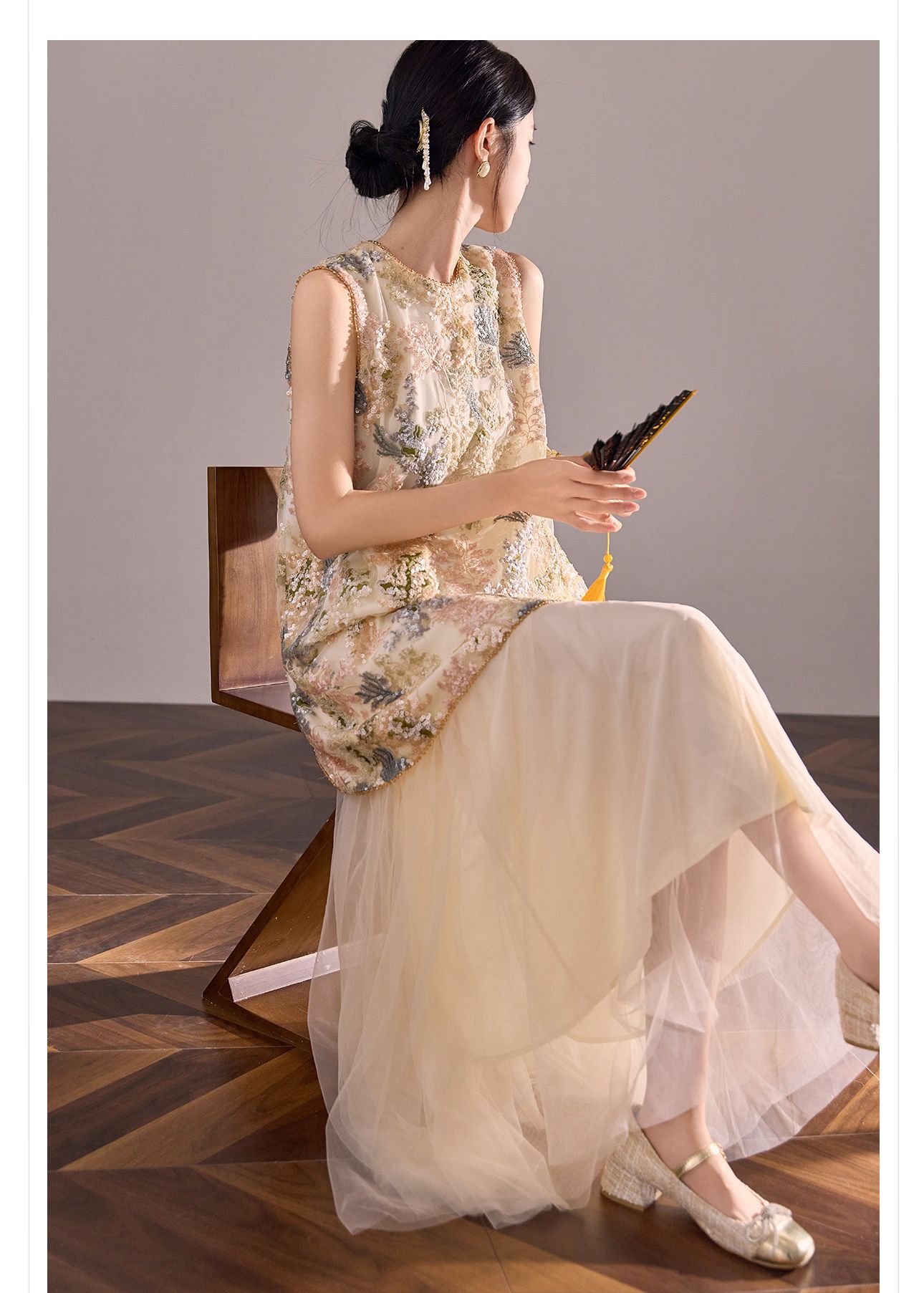 Đầm suông nữ midi tân cổ điển không tay, thêu đính cườm sequin, form chữ A — màu mơ chi tiết 8