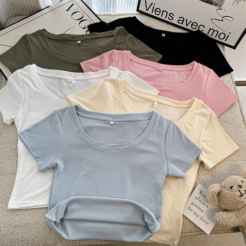 Solid color short-sleeved T-shirt for women summer new low round neck slim shoulder slim collarbone 260g top new INS