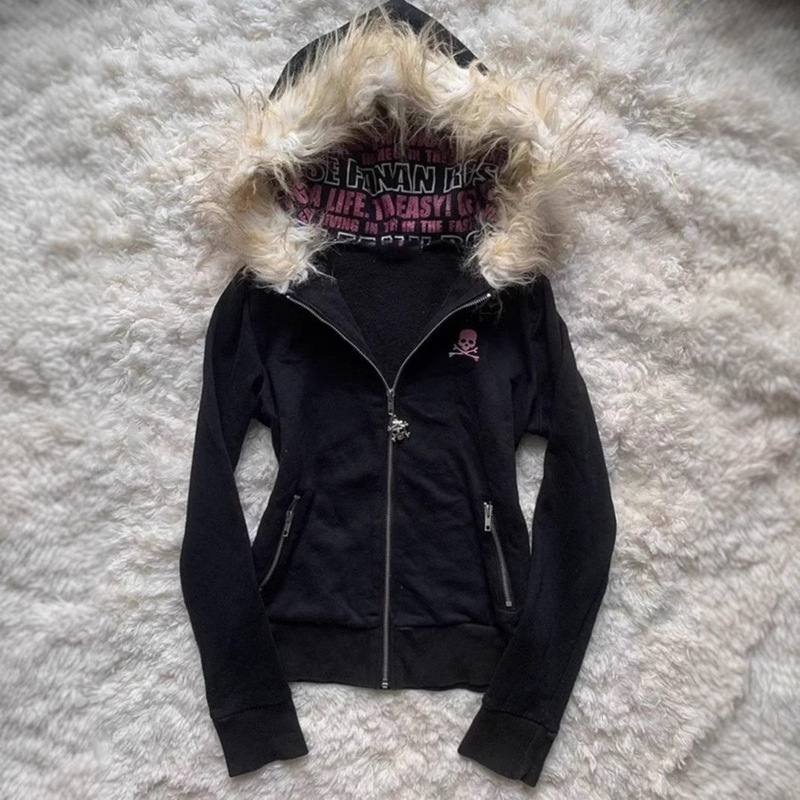 Black Gothic Style Cardigan Skull Hooded Sweatshirt Y2K Japanese Style Zipper Jacket Women's Fur Collar Design