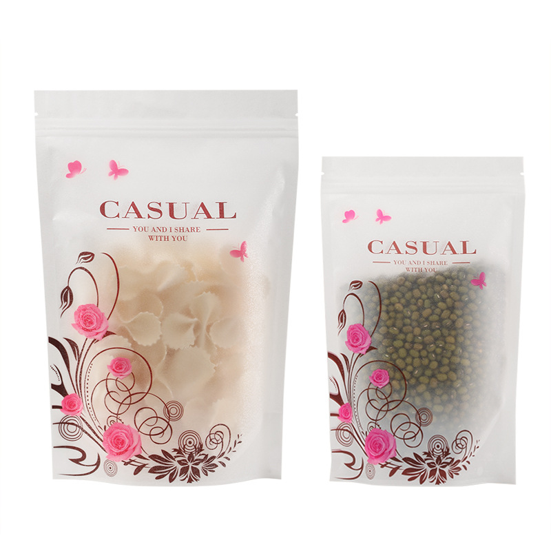 现货白色金沙粉色印花透明自立自封袋玫瑰花茶袋礼品包装袋