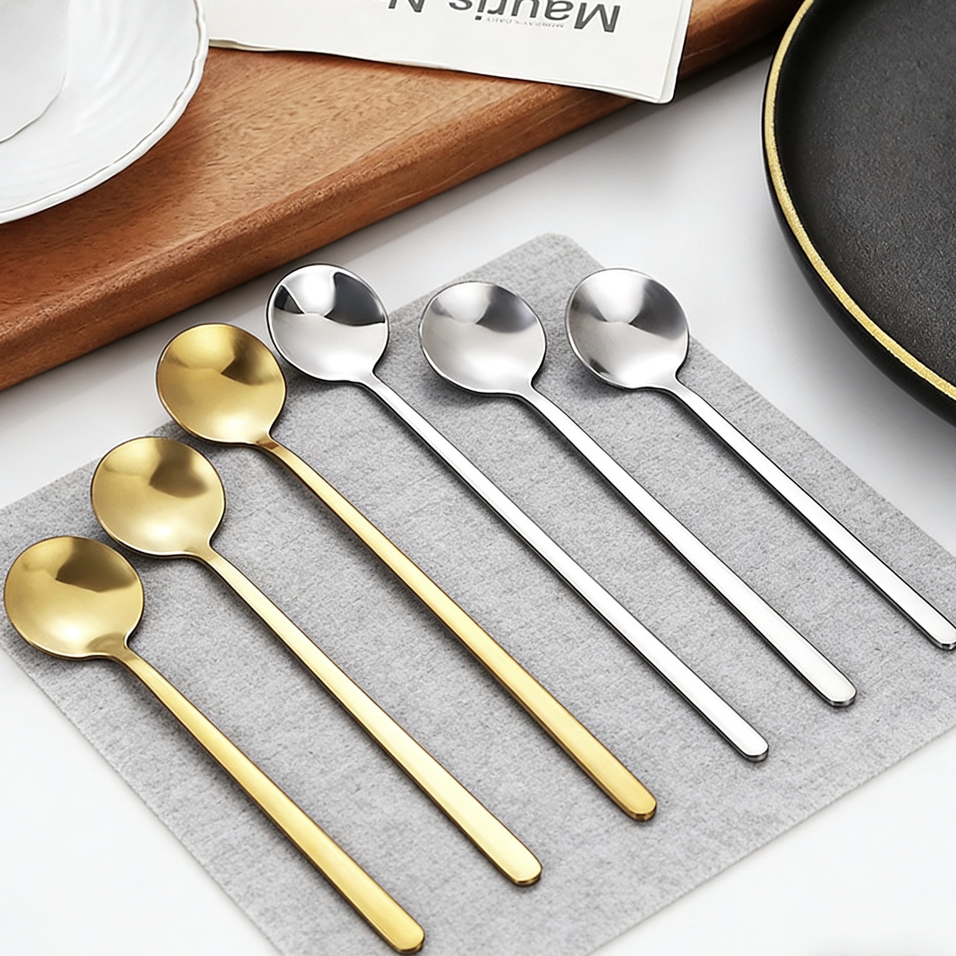 스테인레스 스틸 304 작은 원형 스푼 수저 믹싱 스푼 금도금 꿀 작은 스푼 손 선물 긴 손잡이 작은 원형 스푼 커피 스푼