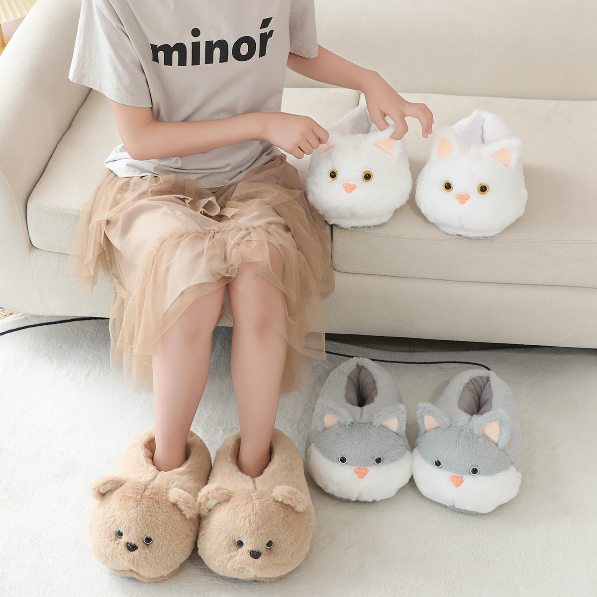 Hermosos osos zapatos caseros zapatos de lana gatos zapatos de luna suave pareja calentamiento interior zapatillas de algodón