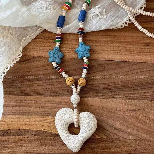 Dopamine Colorful Bead Volcanic Stone Heart Necklace for Women, Unique Design Starfish Lockchain, Seaside Long Pendant Accessory