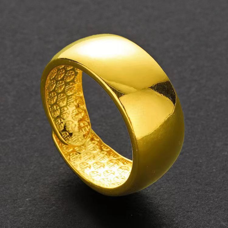 Imitation Gold Wide Open Ring with Auspicious Patterns Engraved Inside, Men's Ring, Domineering Gold-Plated Index Finger Ring, Trendyy Jewelry