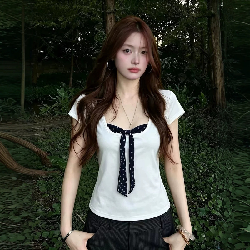 Cross-Border Foreign Trade Wholesale Website【40-Count Cool Silk Cotton Ribbed 1X1】French-Style White Polka Dot T-Shirt with Butterfly Tie Cross-Border Foreign Trade Wholesale Website【40-Count Cool Silk Cotton Ribbed 1X1】French-Style White Polka Dot T-Shirt with Butterfly Tie