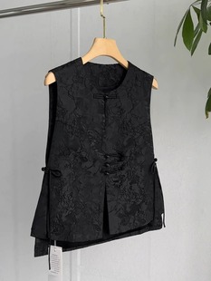 New Chinese Style Jacquard Black Vest for Women Spring and Summer New Outer Cardigan Buttoned Waistcoat Sleeveless Top