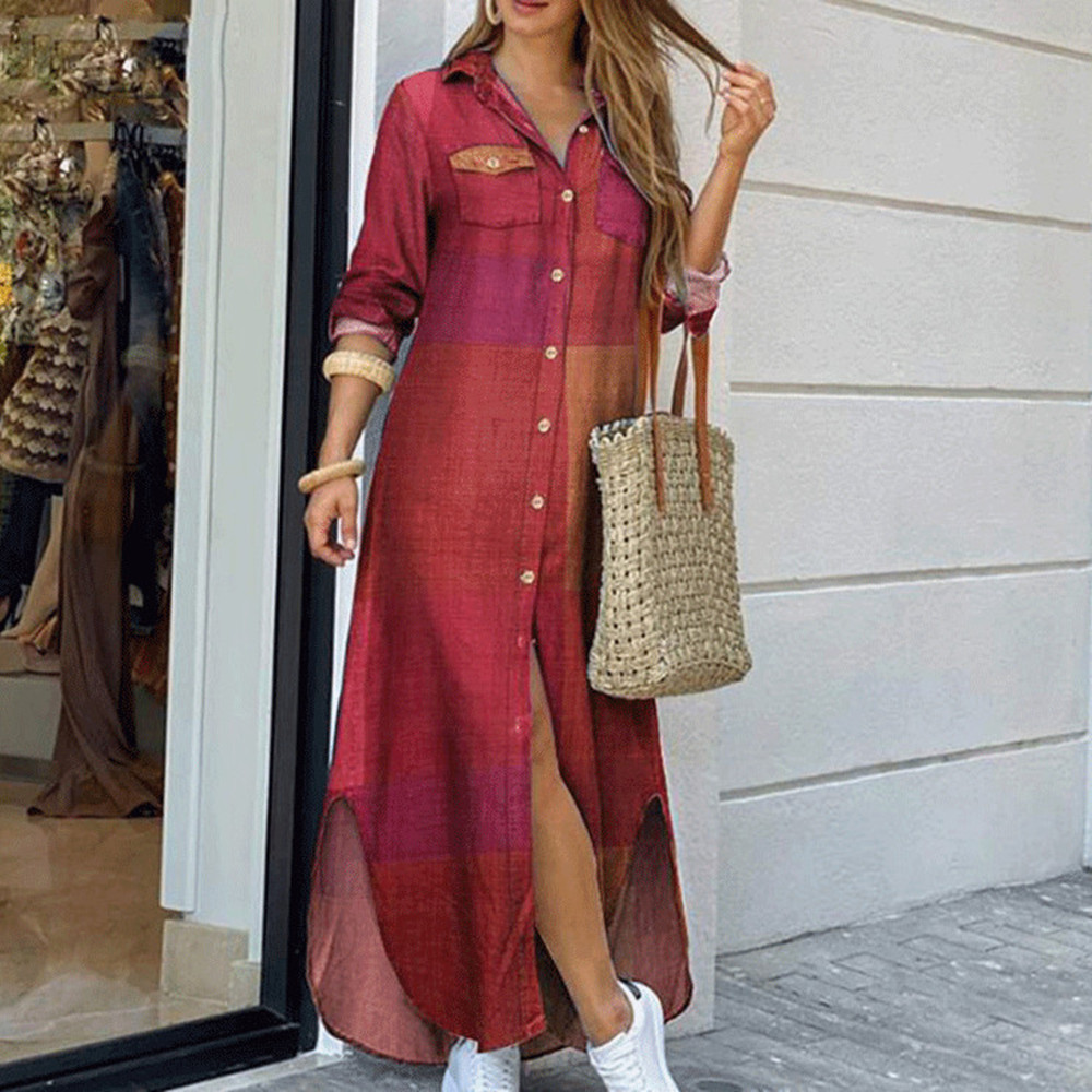 跨境女装亚马逊ebay2023新款欧美春秋时尚性感衬衫长裙宽松连衣裙