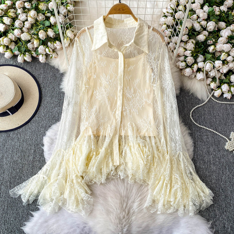 Foreign Trade Light Luxury Super Fairy Age-Reducing Lapel Bell-Sleeved Lace Shirt Women's Summer Thin Shirt Loose Silhouette Skirt Top