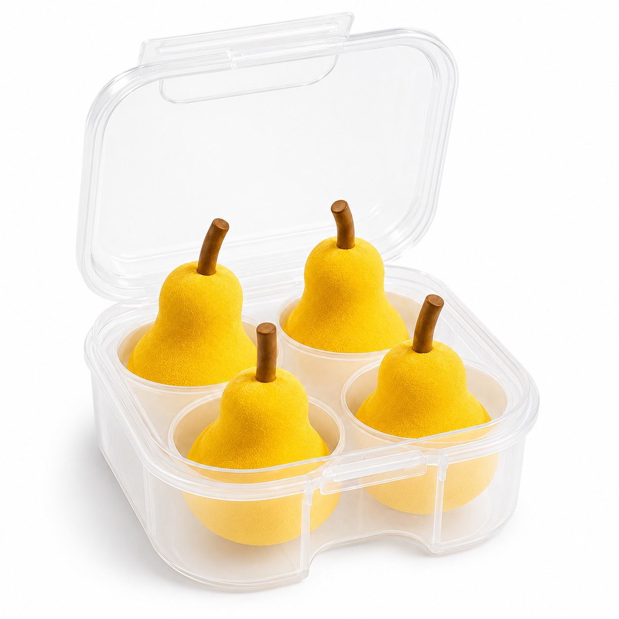 Huevos de belleza de pera en stock, 4 paquetes de polvo super suave, no comer polvo seco y húmedo, doble uso de la fruta, caja de polvo de pera al por mayor.