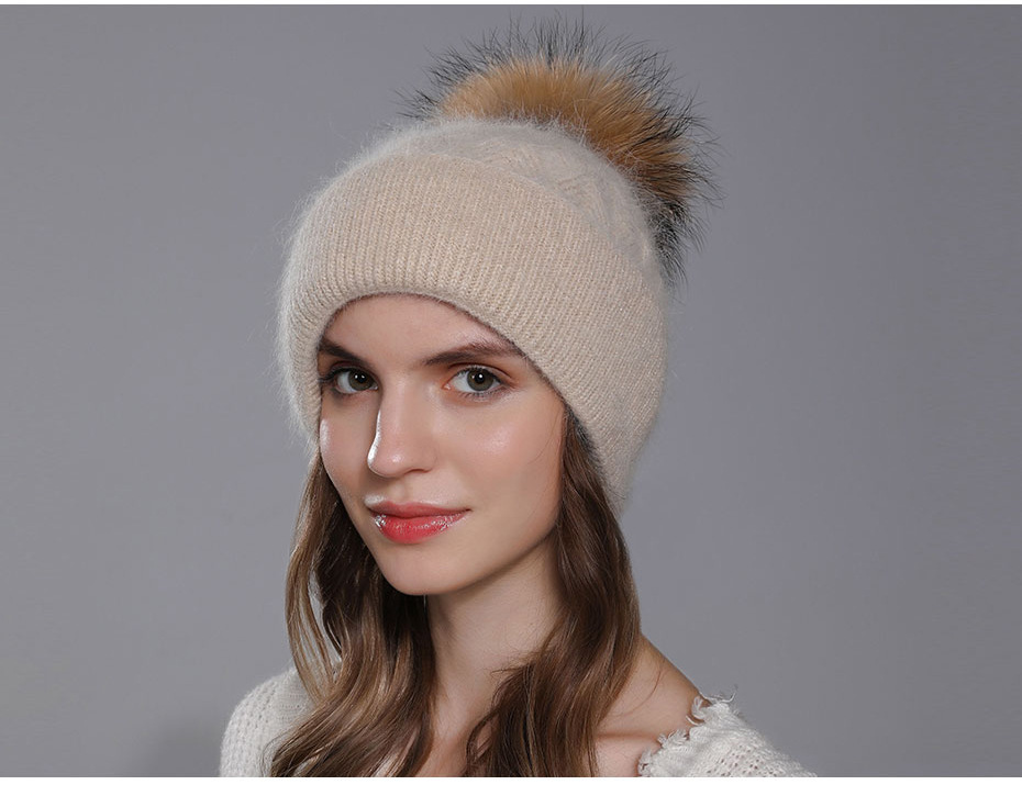 Nuevo Gorro de lana con pelo de conejo Angora tejido para mujer, giros de masa frita para invierno, gorro de lana con brida de doble capa, Bola de pelo de perro mapache,_voghion.com