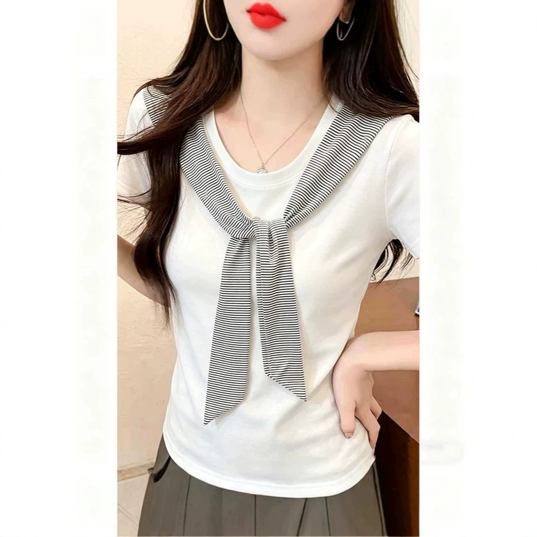 2026 Summer Korean Style Color-Block Navy Collar Short Sleeve T-Shirt for Women Slim Fit Versatile Trendy Top