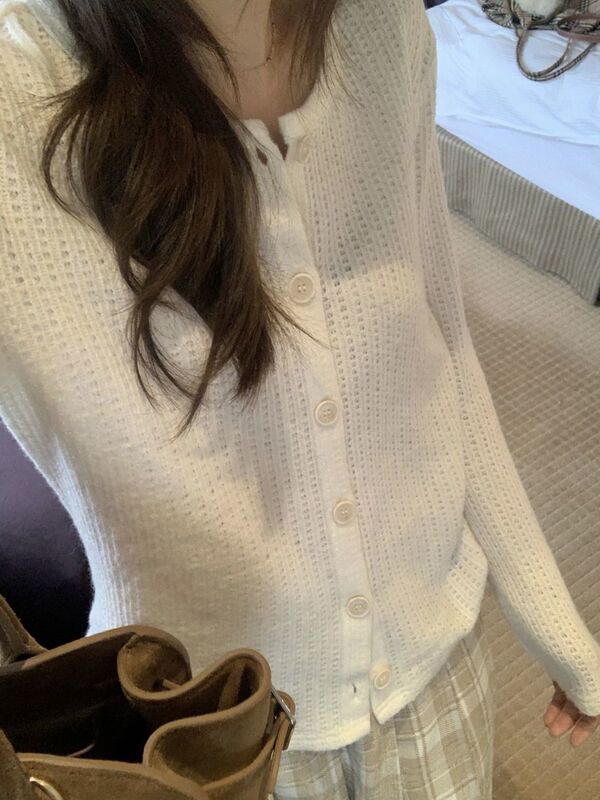 Cream Waffle Soft Knit Hollow-Out Cardigan Jacket 2026 Spring New Gentle Top for Women