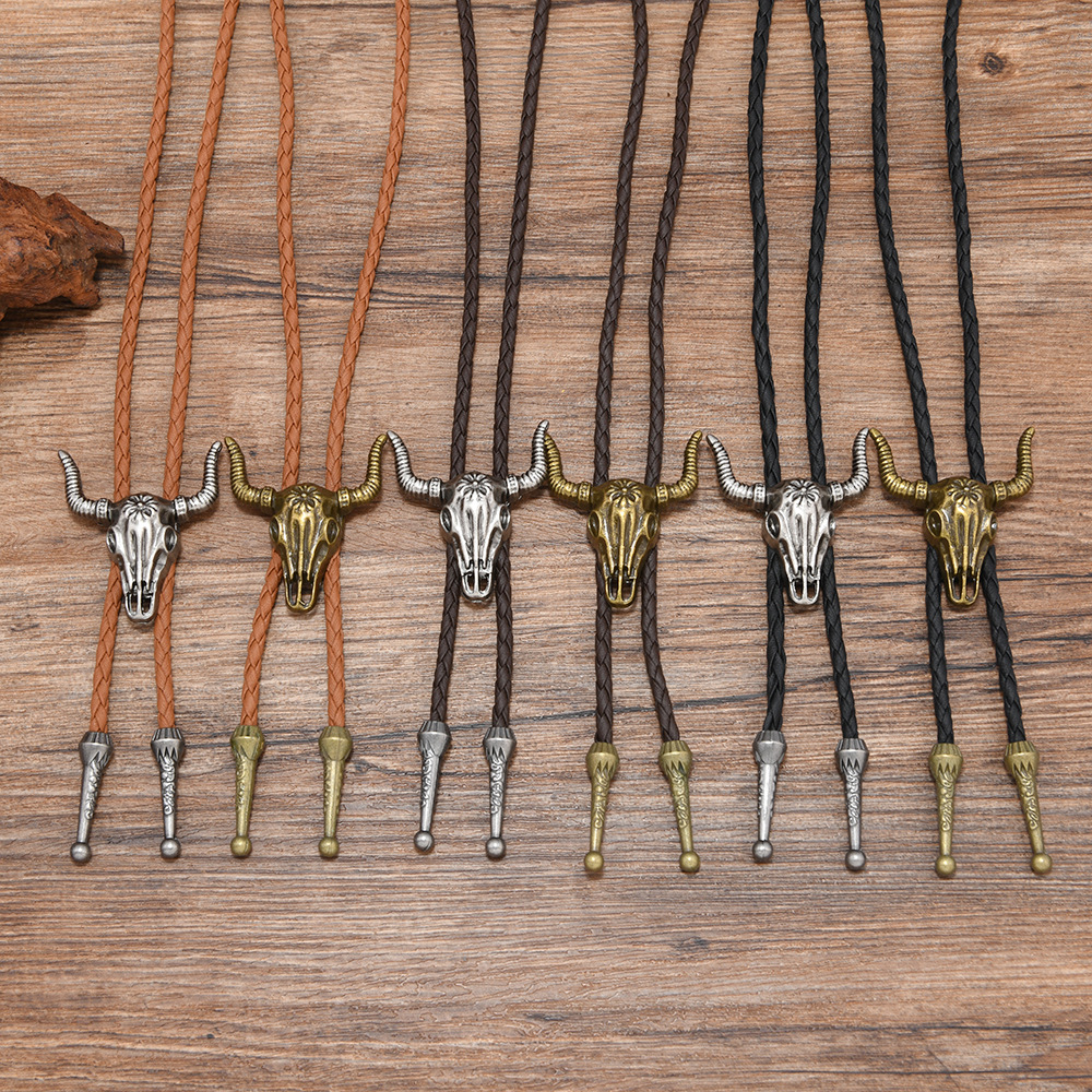 复古西部风牛头骨吊坠编织皮绳领结男女通用波洛领带项链饰品