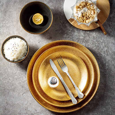 厂家源头陶瓷盘碗套装圆形粗陶镀金边酒店餐厅碟欧式厨房餐具组合|ms