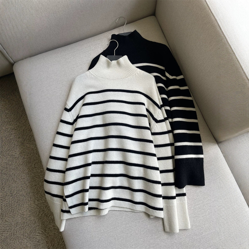 Nanyou niche ab American style trendy color-block striped high-neck merino wool sweater for women, new winter warm model Nanyou niche ab American style trendy color-block striped high-neck merino wool sweater for women, new winter warm model