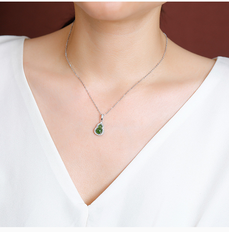 Mặt dây chuyền bạc S925 mạ vàng đính ngọc bích tự nhiên hình lá tre và quả hồ lô — Bạc (không kèm dây) chi tiết 6