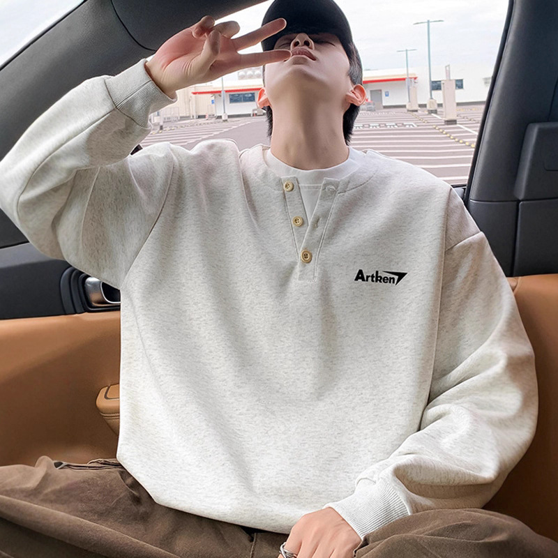 Nasa Fake Two-Piece V Neck Henley Collar Long-Sleeved T-Shirt Men's Spring and Autum 2025 New Top Loose Casual Sweatshirt