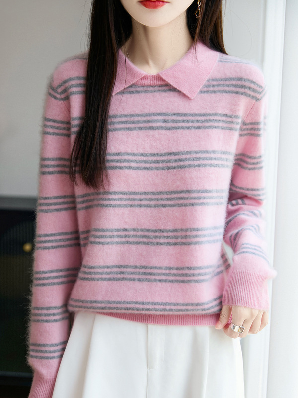 秋冬款100%纯羊毛衫女POLO领条纹拼色针织毛衣学院风宽松打底上衣|undefined