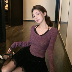 邱肉瑶 纯欲蕾丝拼接挂脖纯色毛衣女秋季新款修身显瘦针织衫