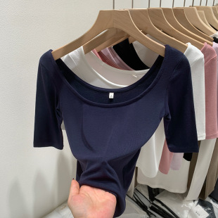 in stock 2025 Elegant Pure Desire Spice Girl Slim-fit Wide Collar Short-sleeved T-shirt Women's Summer Commuting New Korean Style Slim-fit Sex