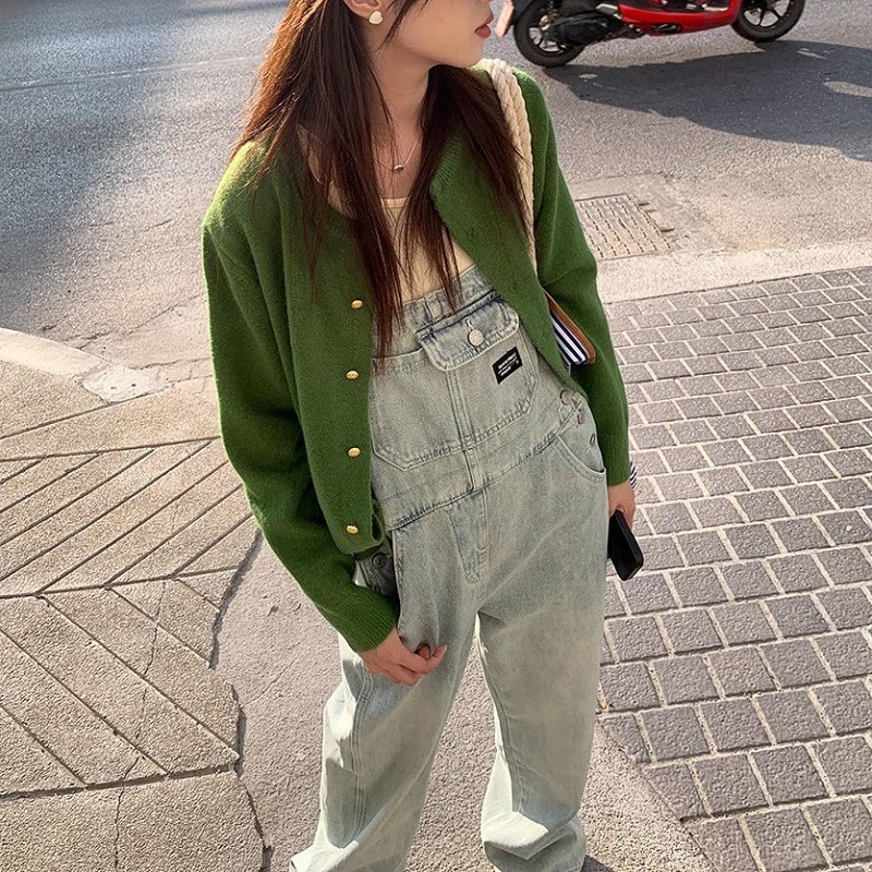复古金扣开衫女秋冬针织衫纯色圆领长袖毛衣女装针织外套现货批发|undefined