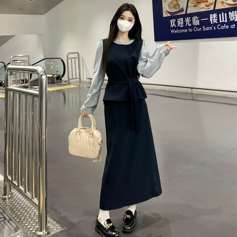 大码设计感撞色新中式套装裙子秋冬胖mm休闲通勤上衣半身裙两件套|undefined