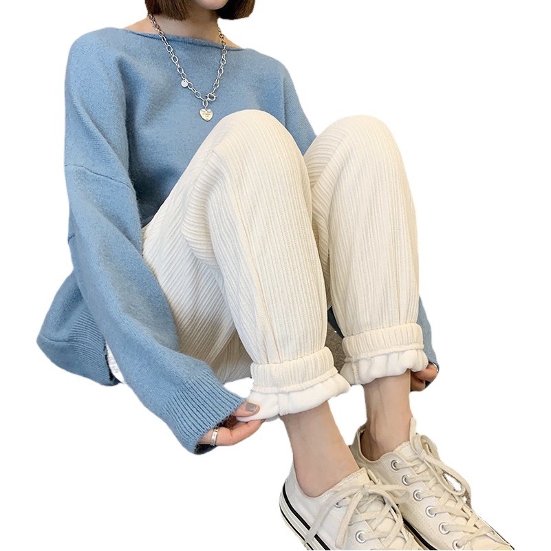 Women's Narrow Wide-Leg Pants, New Autumn and Winter Style, Fleece-Lined, Drapey, Slimming, Straight-Leg Casual Long Pants, Corduroy Trousers