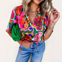 欧美户外花色短袖速干衬衣女运动夏季跑步健身透气V领印花休闲衬