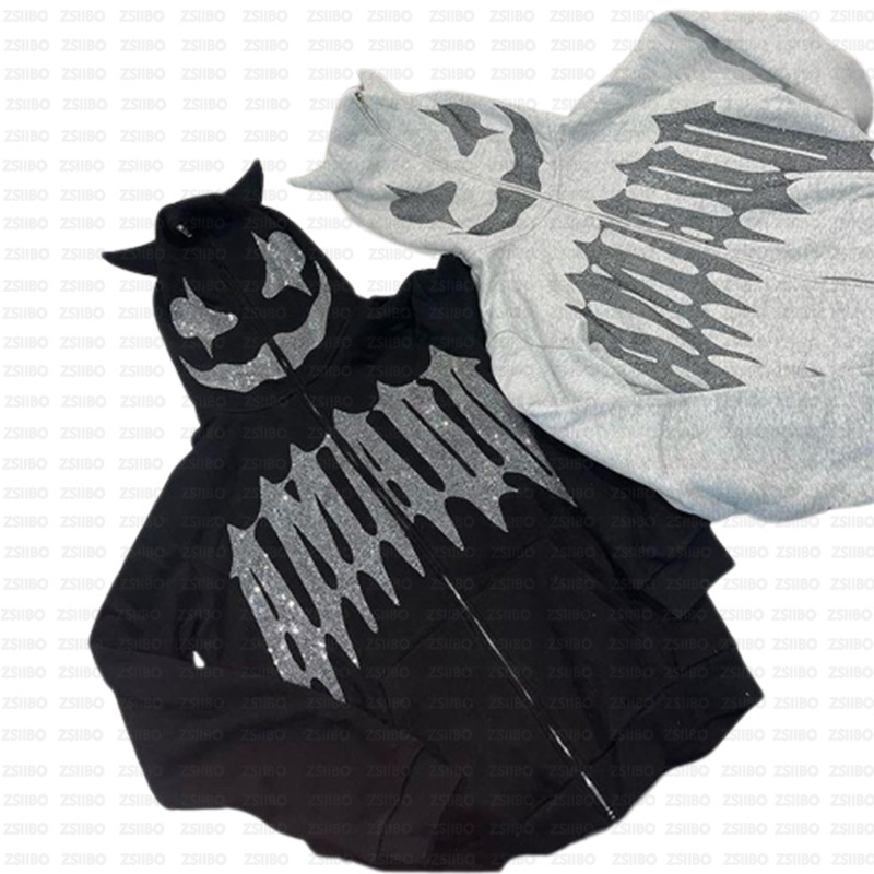 European and American Amazon cross-border devil rhinestone hooded cardigan full zipper loose men's and women's Halloween sweater jacket