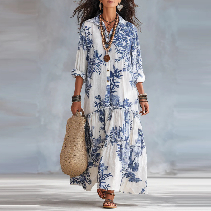 Cross-Border Foreign Trade 2026 New European and American Style Women's Casual Long-Sleeve Turn-Down Collar Long Bohemian Print Dress for Women