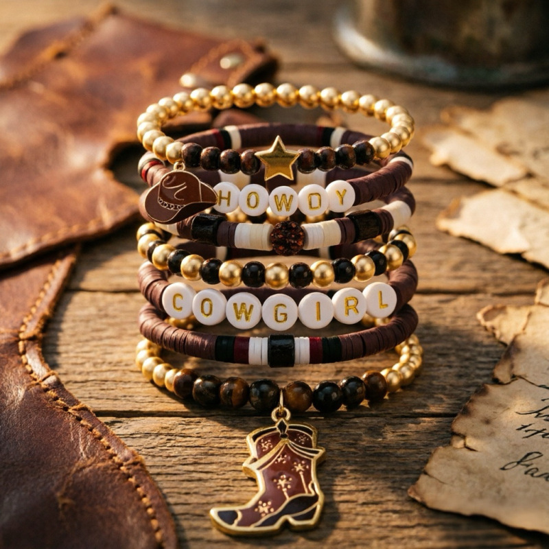 Cross-Border Amazon Western Cowgirl Multi-Layered Elastic Soft Clay Bracelet Bohemian Letter Set Hand Accessories Cross-Border Amazon Western Cowgirl Multi-Layered Elastic Soft Clay Bracelet Bohemian Letter Set Hand Accessories