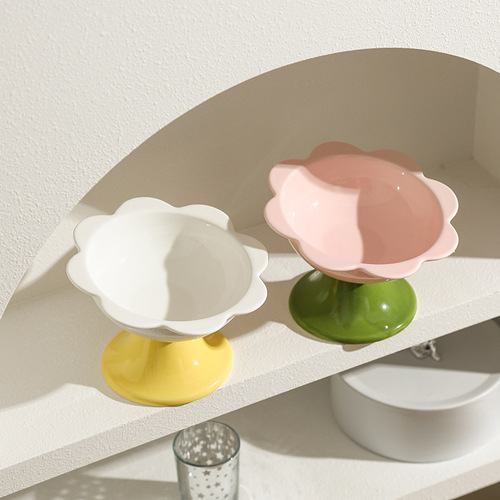 Flower cat bowl ceramic tall cat food bowl anti-knock protection cervical spine snack tray cat supplies cat food canned water bowl