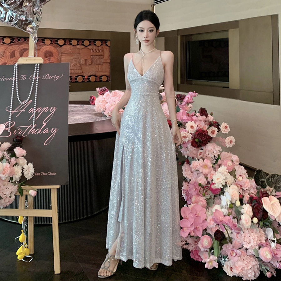2459 French Sexy Sequined Floor-Length Birthday Party Evening Dress Long Skirt Socialite V Neck Low-Cut Suspender Dress