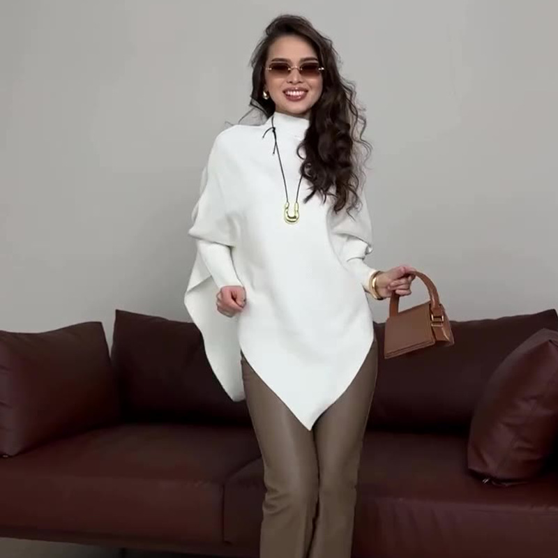2024 otoño nuevo Europa y América Amazon ropa de mujer transfronteriza color sólido diseño irregular sensación de camisa de murciélago suéter de punto