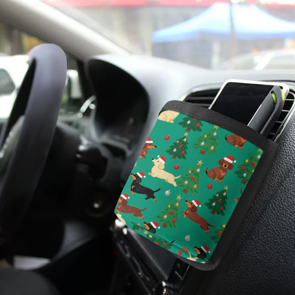Amazon Car Storage Box Air Vent Organizer Bag with Christmas Tree and Puppy Pattern 600D Polyester Phone and Key Bag