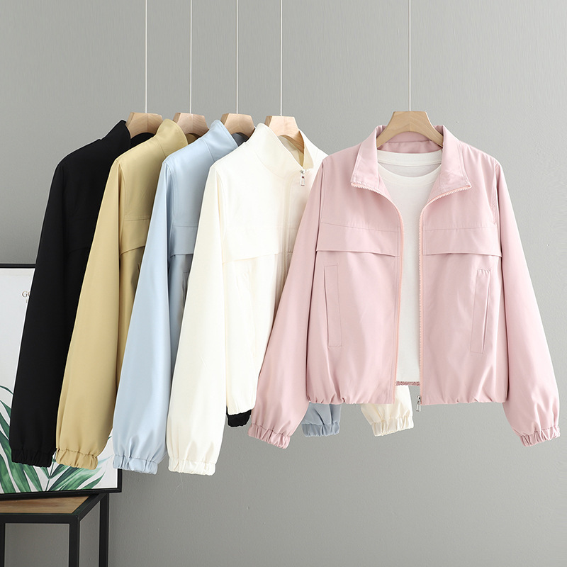 Spring and Summer Thin Stand-Up Collar Baseball Jacket Short Jacket for Women Korean Style Casual Jacket Solid Color Age-Reducing Jacket Top Trendy
