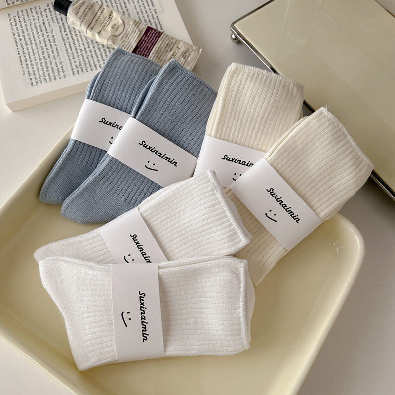 Women's Spring and Autumn Slouch Socks, Trendy Japanese Style, Vertical Stripes, Solid Color Mid-Calf Slouch Socks, Breathable Sweat-Absorbing Cotton Socks
