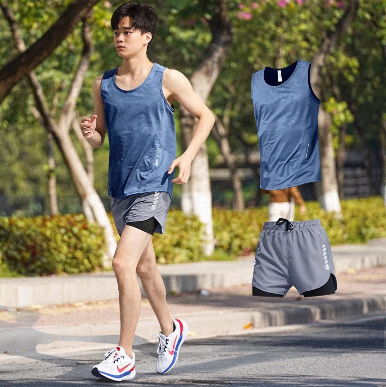 Ropa de fitness para hombres maratón atletismo chaleco deportivo running set entrenamiento de verano hielo equipo de secado rápido