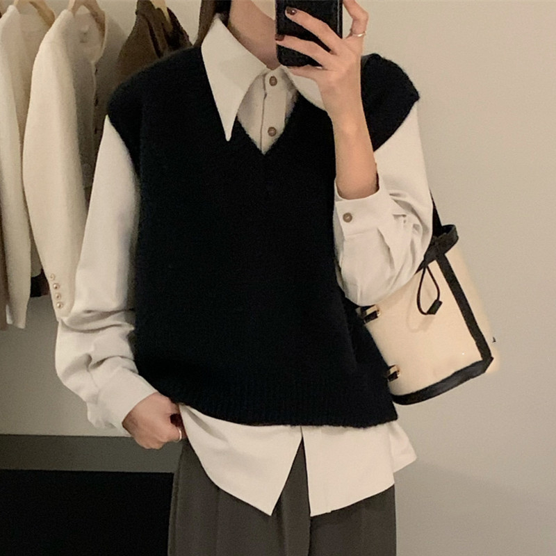 Chaleco de punto con cuello en V para mujer 2023 otoño e invierno nuevo estilo suelto y perezoso