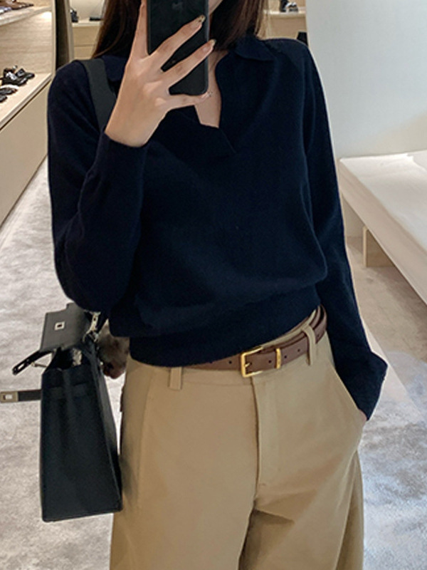 槿一 高智淡人毛衣 老钱风Polo领针织衫女慵懒休闲V领长袖上衣秋|undefined