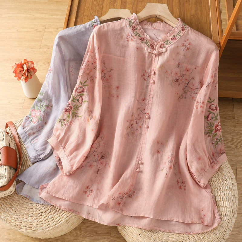 Летние женские рубашки 2025 года, новый ретро-китайский стиль, улучшенный художественный свободный крой, с принтом, три четверти рукава