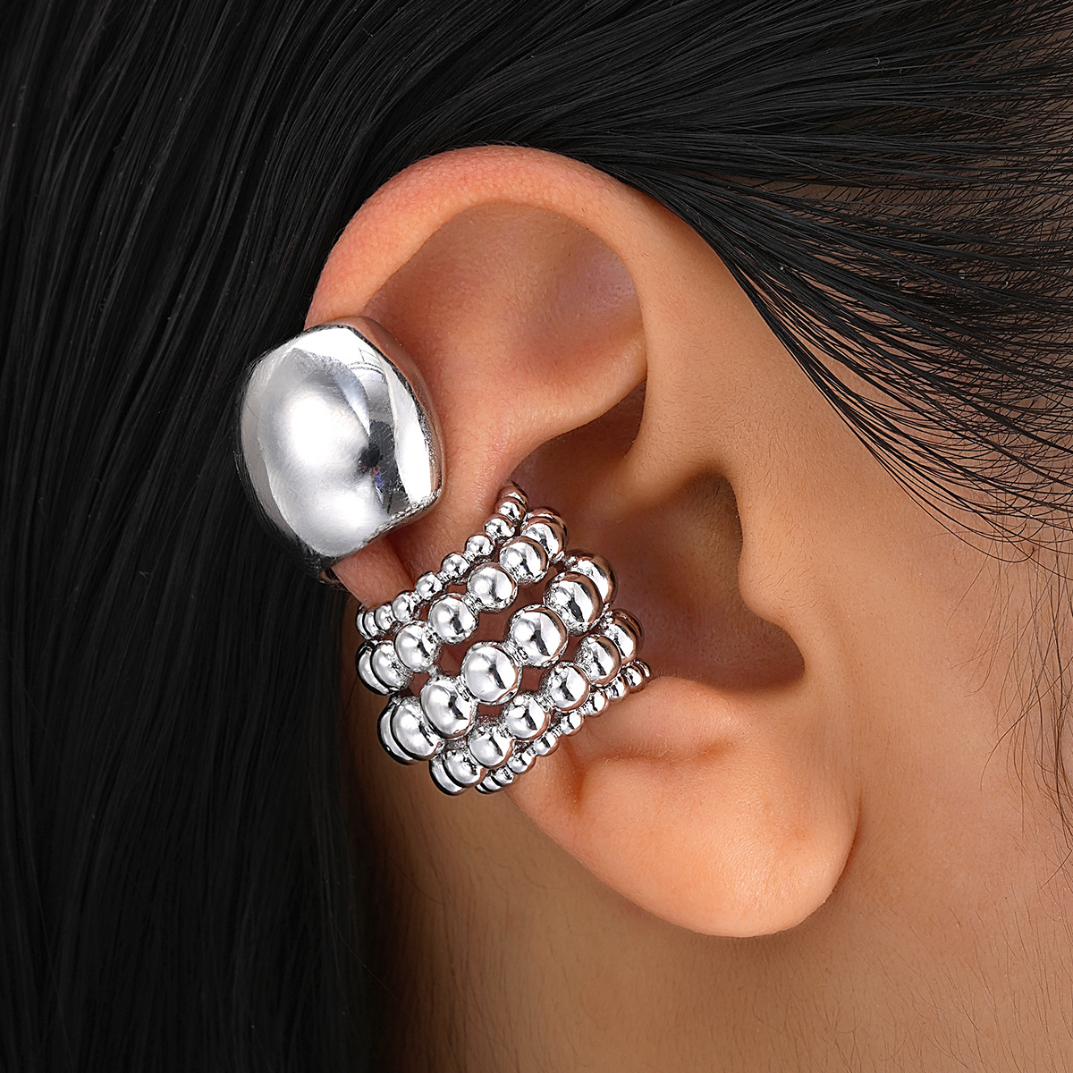 Cross-border New Geometric C- shaped Semi-circular Beaded Ear Clip suit 2 Pack Personalized Niche Design Light Luxury Trendy Earrings