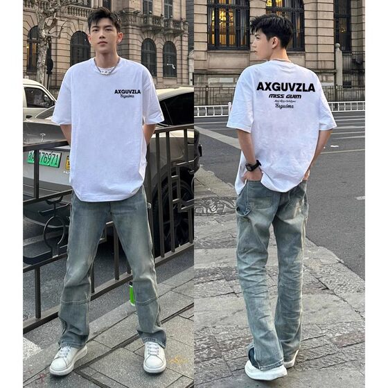 American Street Handsome Trendy Brand Letter Printed Heavy Short-sleeved T-shirt Men's Summer Casual Loose White Base Shirt
