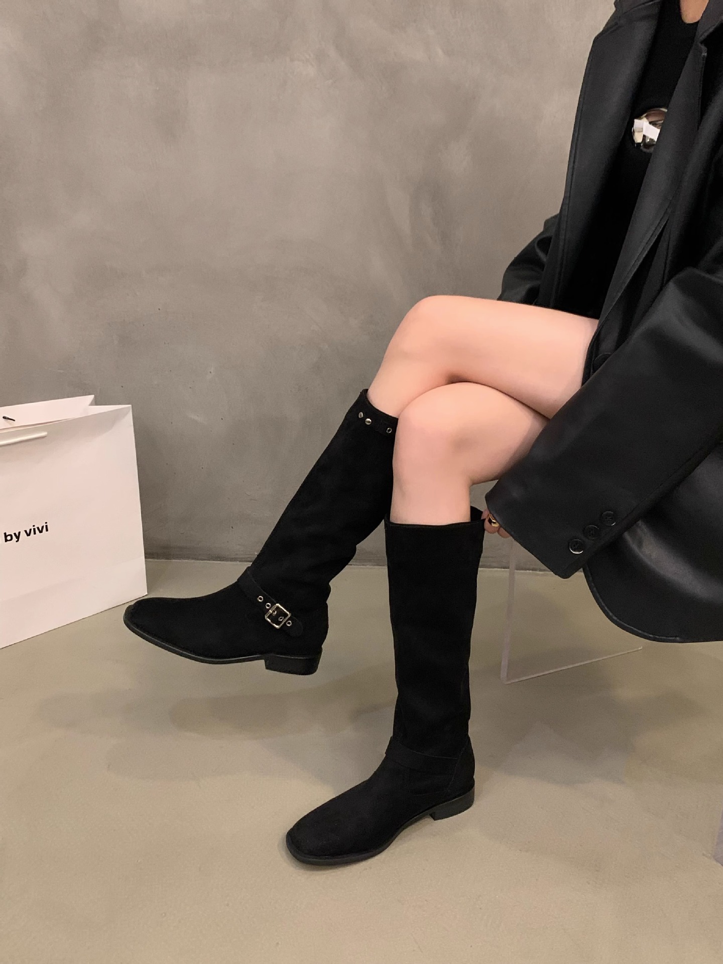 Dicker Absatz Khaki Mid Knight Damen Frühling und Herbst 2023 Neue Sommer-Wildleder-Langarmstiefel_voghion.com