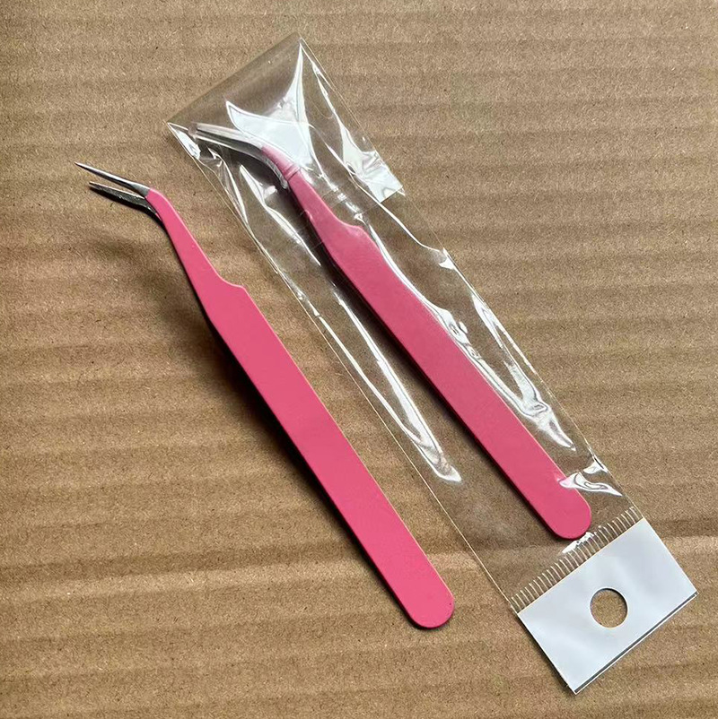 Pinzas para pestañas de acero inoxidable, punta curva, rosa